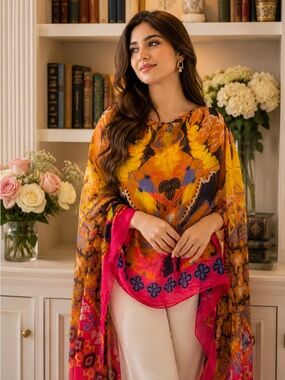 Bijoux Terner Summer Multicolor Chiffon Kaftan - One Size